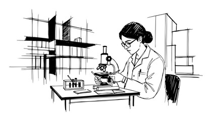 female scientist using microscope in a laboratory sketch