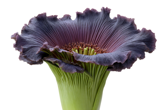 Close up of a unique purple and green flower with ruffled petals and detailed stamen isolated on transparent background