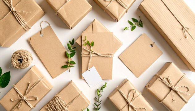 Flat lay of recycled packaging materials including kraft envelopes and string on white desk