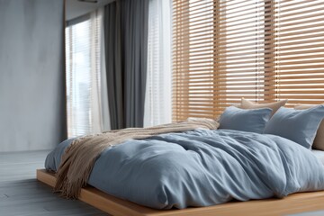 Minimalist layout in deep navy and soft ash, morning sunlight filtered through wood blinds producing stripe light effect