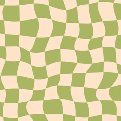 Wavy checkerboard background in green and beige tones. Retro-style distorted squares with a funky and groovy visual effect.Perfect for vintage posters, print, banners and projects with a 70s aesthetic