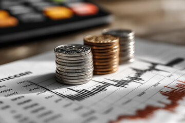 Three Stacks of Coins on Financial Chart, Calculator in Background