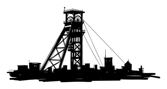 coal mine headframe silhouette mining town sketch vector