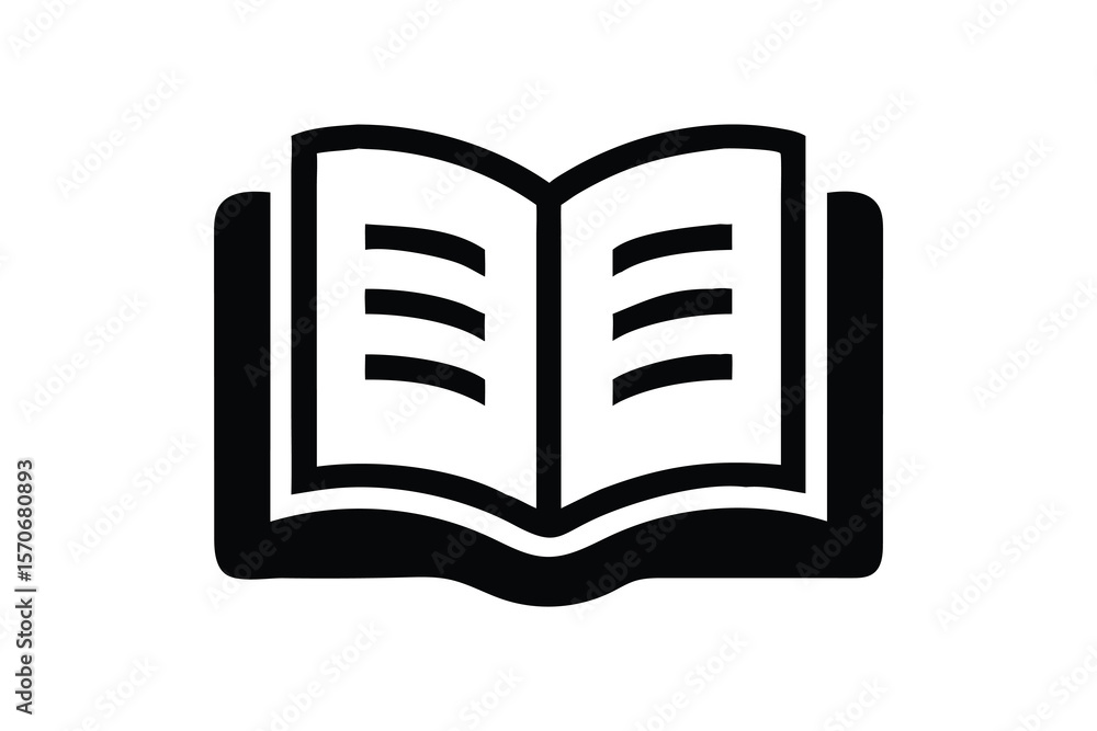 Fototapete Simple black and white icon representing an open book with pages filled with horizontal lines suggesting text and knowledge