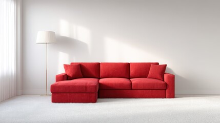 Modern red sectional sofa in a bright living room with natural light streaming through sheer curtains, creating a cozy and inviting atmosphere