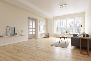 Obraz premium Bright room with oak flooring and cream latte-painted walls, featuring subtle and calming decor.