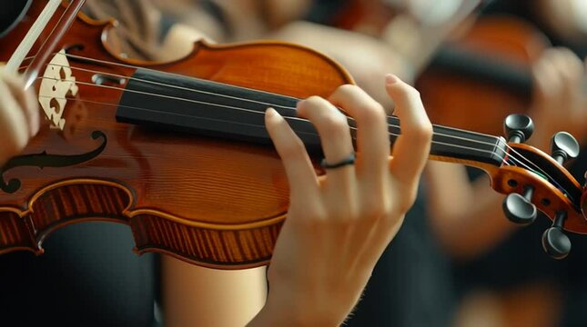 Female violinist playing violin during orchestra rehearsal, close-up of hands and instrument in motion