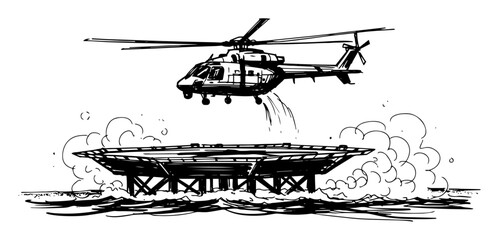 helicopter on offshore oil rig platform sketch vector © Mago