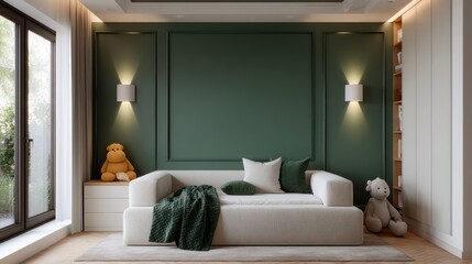 Kid bedroom in emerald and cream, wall-mounted sconces producing volumetric light beams toward bed, plush textures in soft