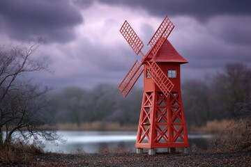 Red windmill by a lake under a stormy sky leafless trees frame the scene