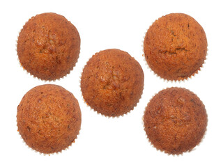 Set of banana cupcakes in isolated on transparent background. Top view shot