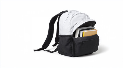Naklejka premium Black and white student backpack filled with books and school supplies