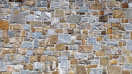 Massive stone wall made of irregular flat multicolored rocks on concrete. Full frame. Background...