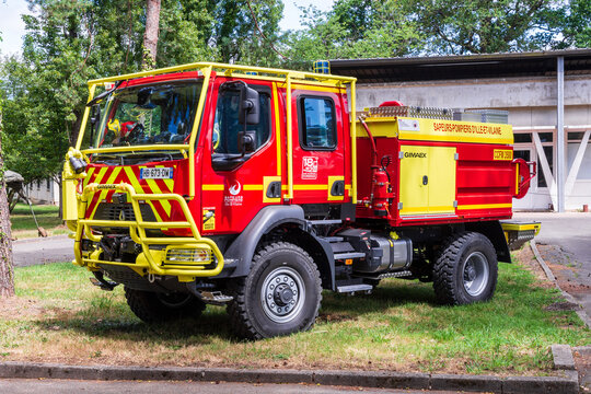 Rennes, France - June 28, 2025: Three-quarter front view of a wildland fire engine from the Ille-et-Vilaine fire department, made by GIMAEX based on a 4x4 Renault Trucks chassis.
