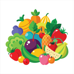 Colorful Illustration of Various Fresh Fruits and Vegetables in Vibrant Style