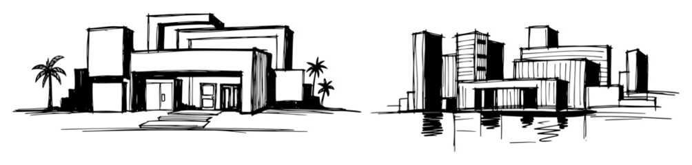 modern minimalist houses architecture sketch set vector