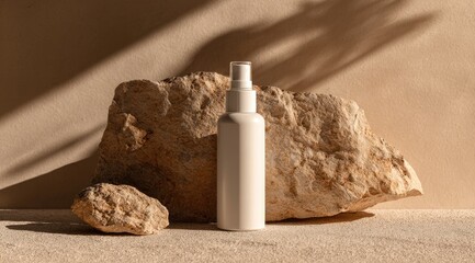 Fototapeta premium A matte white spray bottle sits between two light beige rocks, bathed in warm sunlight casting shadows on a neutral background