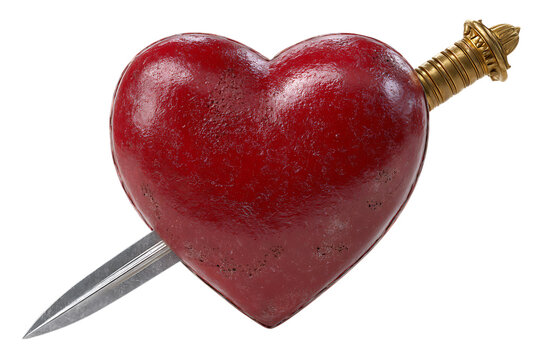 A realistic red heart pierced by a silver dagger with a golden hilt isolated on transparent background