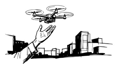 hand launching a drone in the city sketch vector