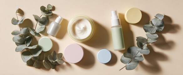The elegant arrangement of skincare products with eucalyptus leaves.