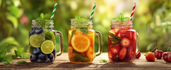 The refreshing trio of fruity drinks in mason jars on a wooden table.