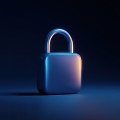 A metallic blue padlock, illuminated with warm-toned light from below, sits on a dark blue surface against a matching background.  The padlock is smooth and reflective