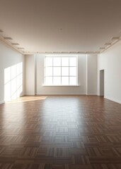 Obraz premium A wide empty room features a parquet floor and a bright window Empty room interior design architecture blank design room striking structures clean lines geometric shapes dramatic angles play