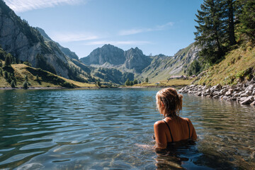 Fototapeta premium In the lake, a young woman, shoulder-deep in water, looks at the distant landscape.