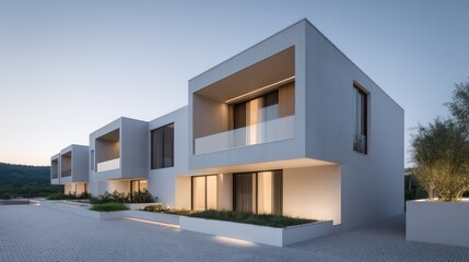Minimalist duplex with staggered massing deep-set balconies photographed at twilight with rim-lit architectural outline glowing ambient light within