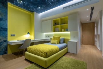 Kid bedroom in bright lime and sapphire, LED-lit ceiling stars casting gentle overhead ambient glow, high-detail texture in
