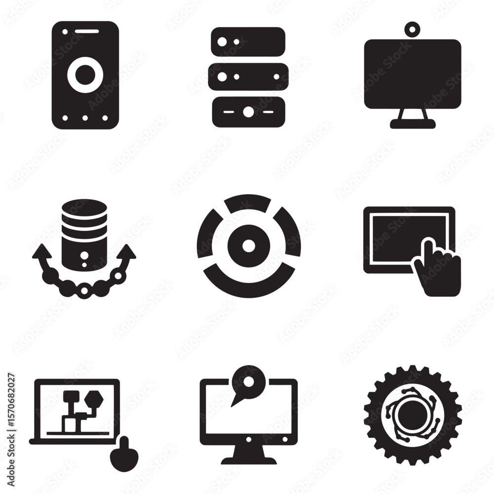 Aufkleber black and white icon set illustrating technology and data processing concepts