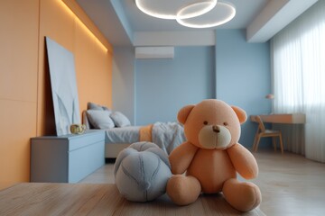 Kid bedroom in orange sherbet and cloud blue, overhead ring light casting soft circular highlights, detailed stitched toys