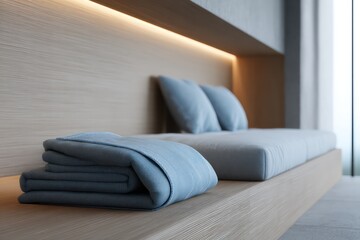 Minimalist layout in cloud white and steel blue, soft rim light behind bed head casting gentle halo glow,