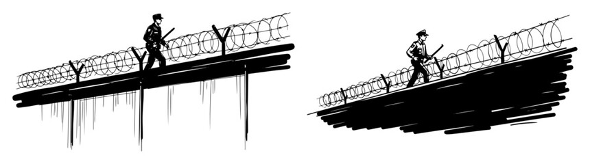 guard patrolling on a wall with barbed wire sketch vector