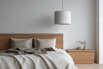 Minimalist layout in bone white and eucalyptus, top-down pendant creating shadow circles on bedding, smooth matte finishes on
