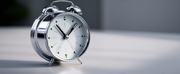 The modern silver alarm clock showing time in a stylish interior setting.