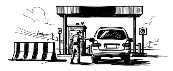 car at border checkpoint security check sketch vector