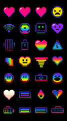 A colourful set of neon pixel icons for decoration and design