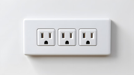 Triple white electrical outlet on white wall background. Ideal for interior design, energy concepts, or household visuals. Minimalist and functional presentation.