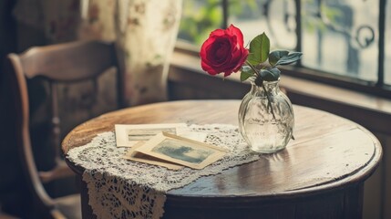 Vintage table, red rose, lace, photos