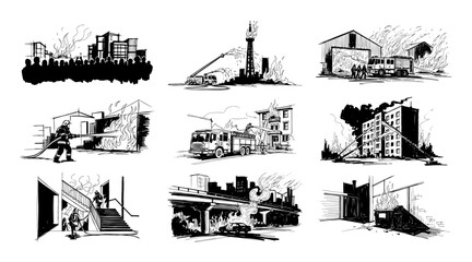 fire and rescue emergency situations sketch set vector