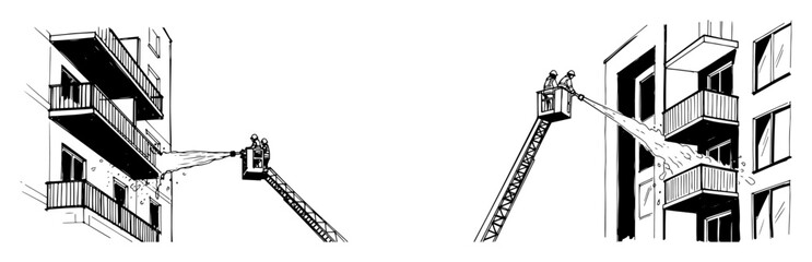 firefighters on ladder truck at apartment fire vector