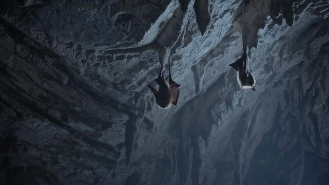 Bats hanging upside down in dark cave