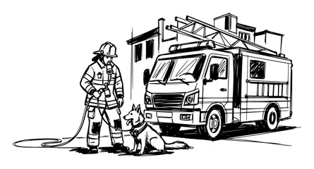 firefighter with rescue dog and fire engine sketch vector © Mago