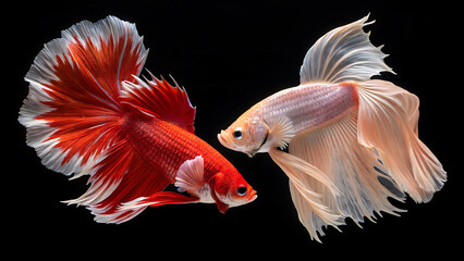 Two elegant betta fish are swimming in the dark water