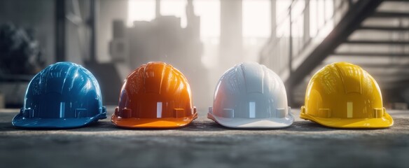 The colorful array of safety helmets in a professional construction environment.