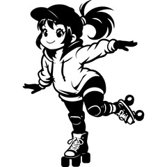 Fototapeta premium Sketchy sport emblem of little athlete balances on roller skates on one leg. Engraving minimalistic vector in black ink drawing on transparent background
