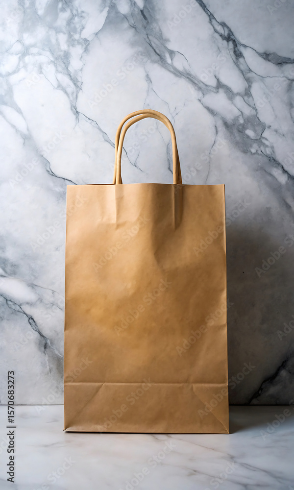 Poster a simple brown paper shopping bag with handles against a marble patterned background in a studio