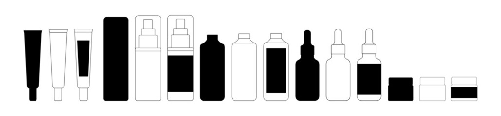 Vector Shampoo and Beauty Bottle Set. Skincare Product Silhouettes with Jars, Tubes and Containers for Cosmetics