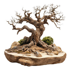 Ancient gnarled tree with twisted branches on rocky terrain